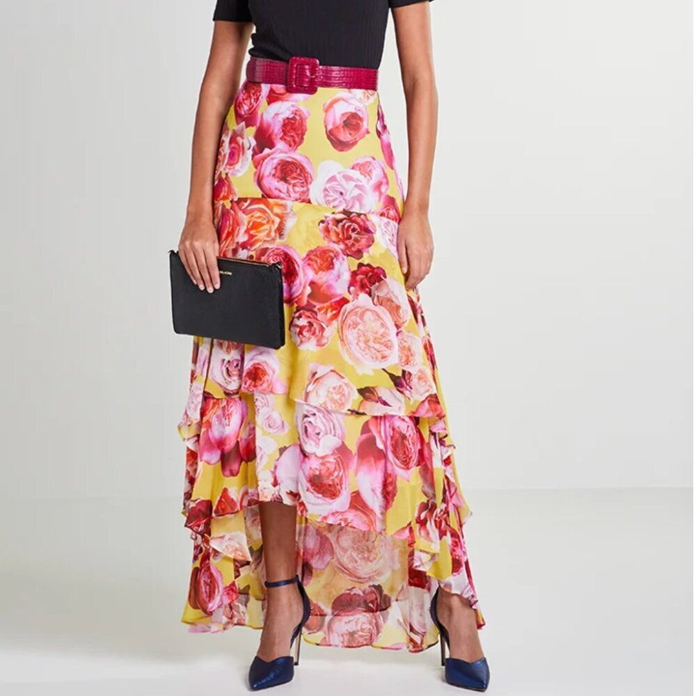 NWT Pinko Bonet High Low Ruffled Skirt Yellow and Pink Floral Size 42